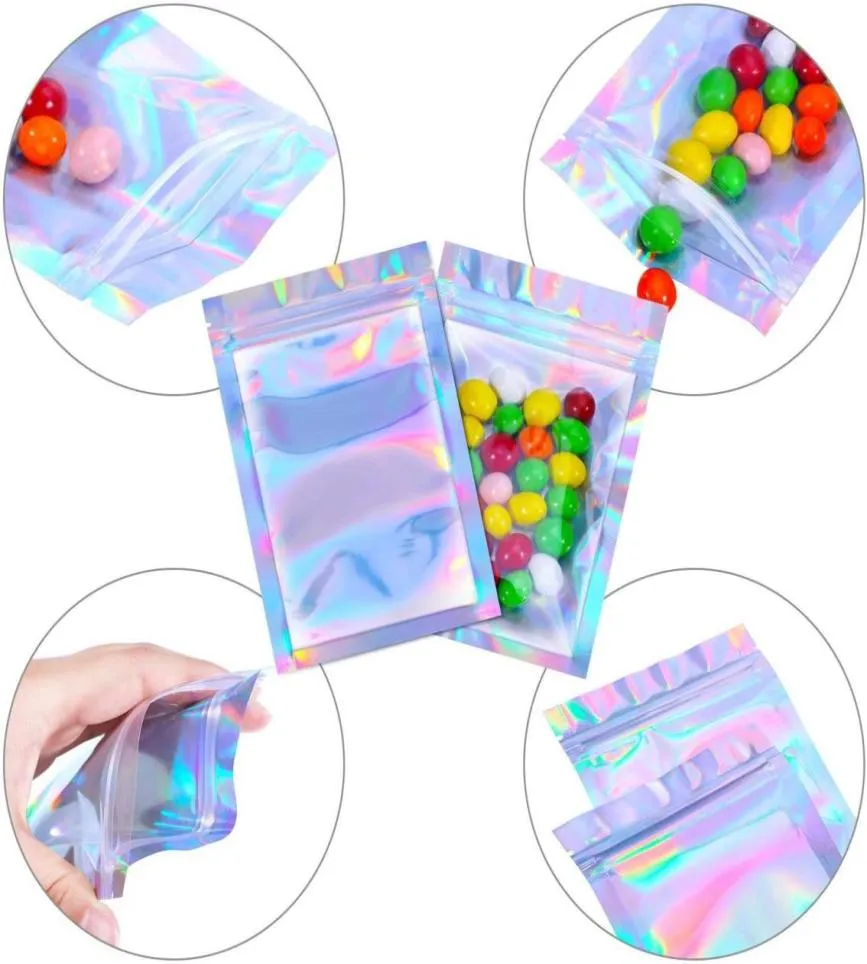 Sacs Mylar refermables couleur holographique, plusieurs tailles, sacs anti-odeur, fermeture éclair transparente, stockage des aliments et des bonbons, sacs d'emballage 6048494