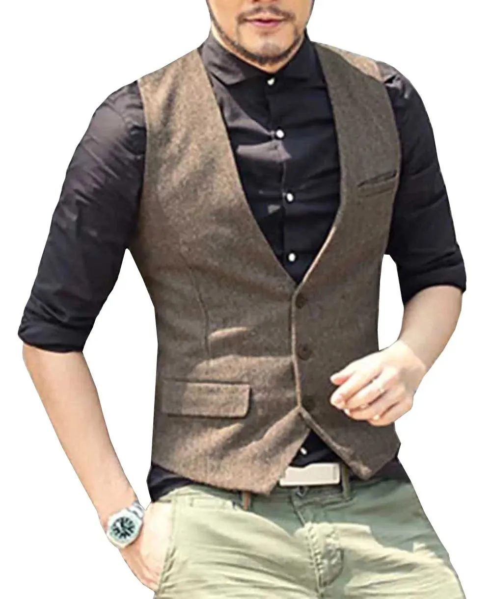 Västar Mens Suit Vest V Neck Wool Brown Gray Formal SingleBreasted Waistcoat Casual Business Groomman For Wedding Slim Fit Vest