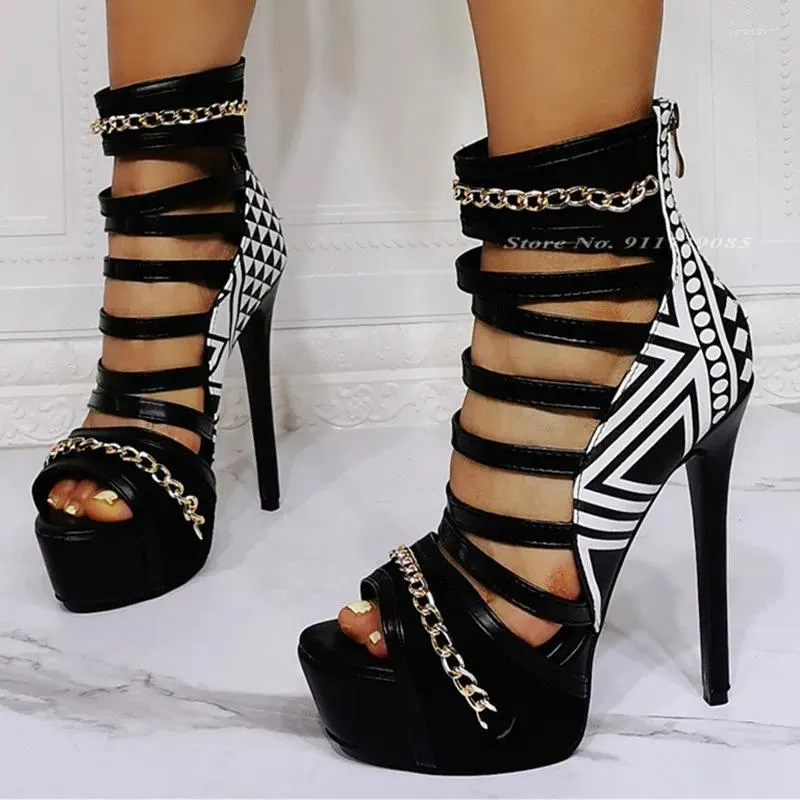 Туфли с металлической цепочкой, римские ботинки на платформе, сандалии, женские черно-белые ботильоны с вырезами, женские туфли на высоком тонком каблуке, полый брендовый дизайн