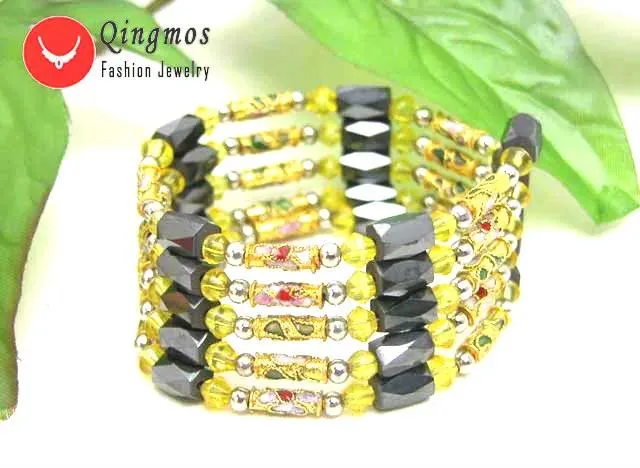 Bracelets Qingmos Trendy Yellow Cloisonne Bracelet for Women with Black Hematite Magnetic Long 29" Necklace Bracelet Fine Jewelry ne5159