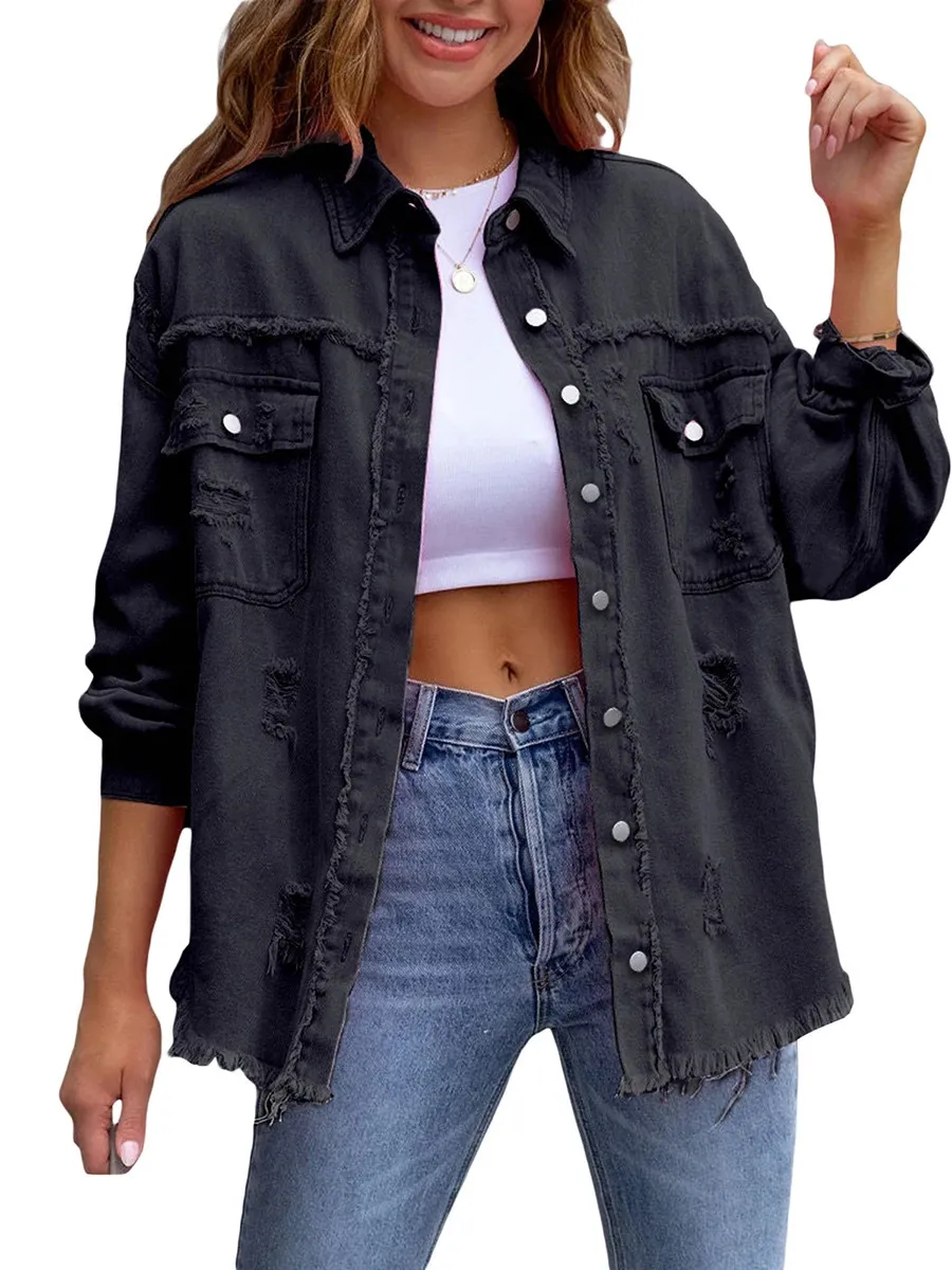 Women's Fashion Casual Ripped Distressed Denim Jacket Boyfriend Jean Coat Long Sleeve Button Down Trucker 240109