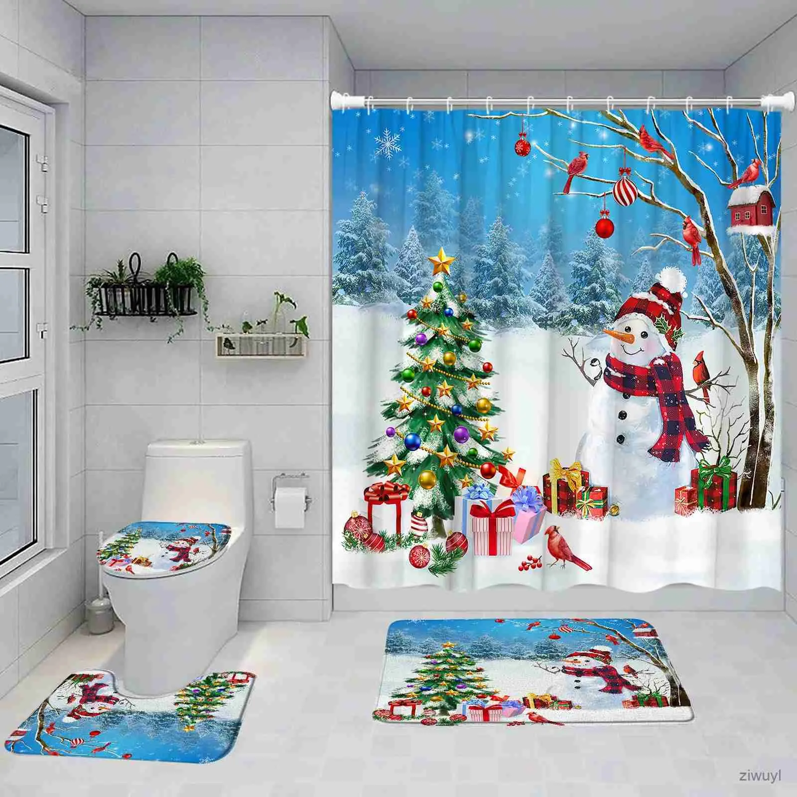 Shower Curtains Christmas Shower Curtain Set Funny Santa Snowman Red Truck Xmas Tree New Year Bathroom Decor Rug Bath Mat Toilet Lid Cover