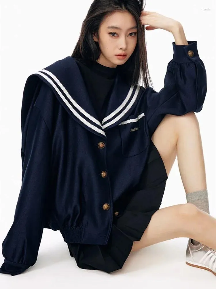 Women's Jackets ADAgirl Uniform Sailor Collar Jacket Women Vintage Long Sleeve Oversized Coat Preppy Style Luxury Old Money Aesthetics