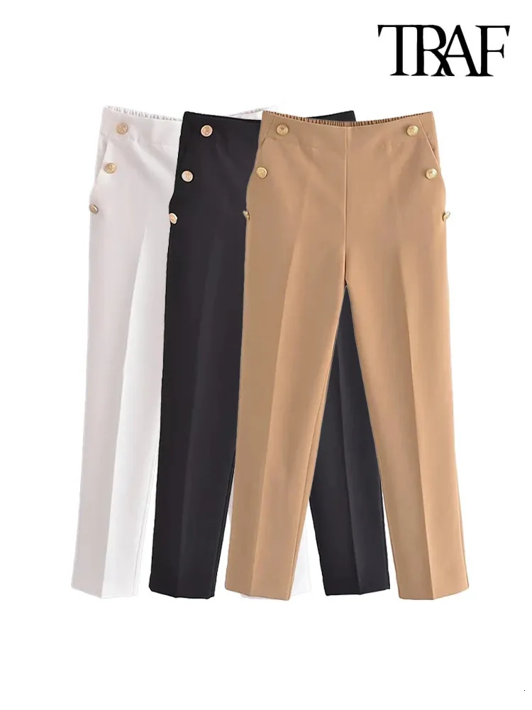 TRAF Damesmode Met Metallic Knop Rechte Broek Vintage Hoge Taille Terug Elastische Tailleband Vrouwelijke Enkelbroek Mujer 240109