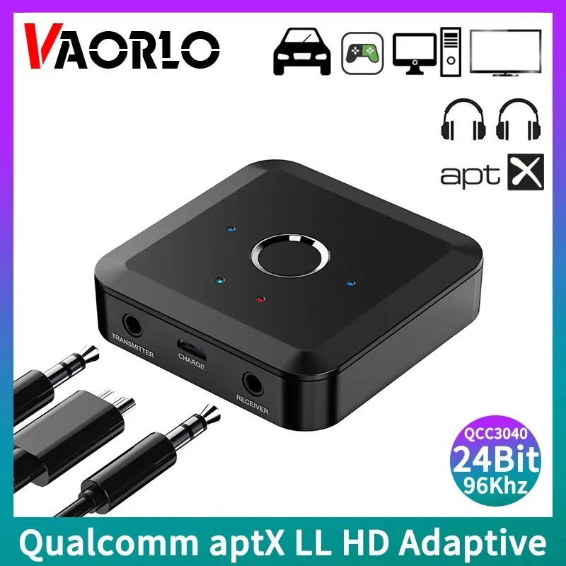Anslutningar Vaorlo 2 i 1 Bluetooth 5.2 Ljudsändarmottagare 24bit 96KHz 3,5 mm aux aptx Adaptiv LL HD trådlös adapter för TV PC -bil