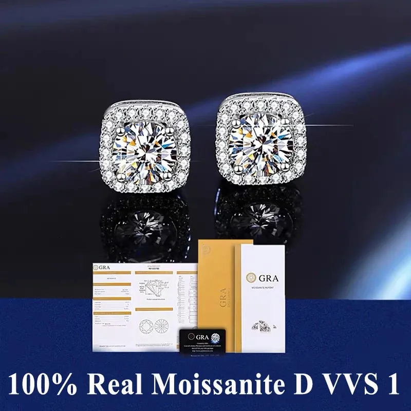 D VVS1 Stud Earrings For Women 925 Sterling Silver Platinum Finish 2 GRA Certificates Moissanita Pass Diamond Tester 240109