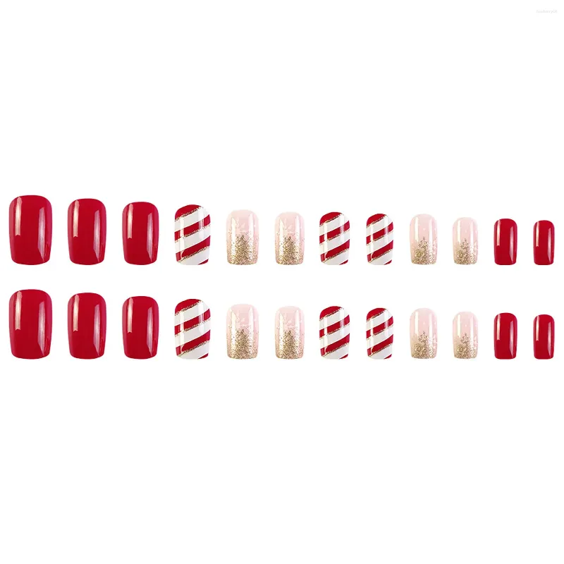 Faux ongles 24 pièces brillant français presse-on ongles noël diagonale bande longue durée artificiel pour la décoration à la main art