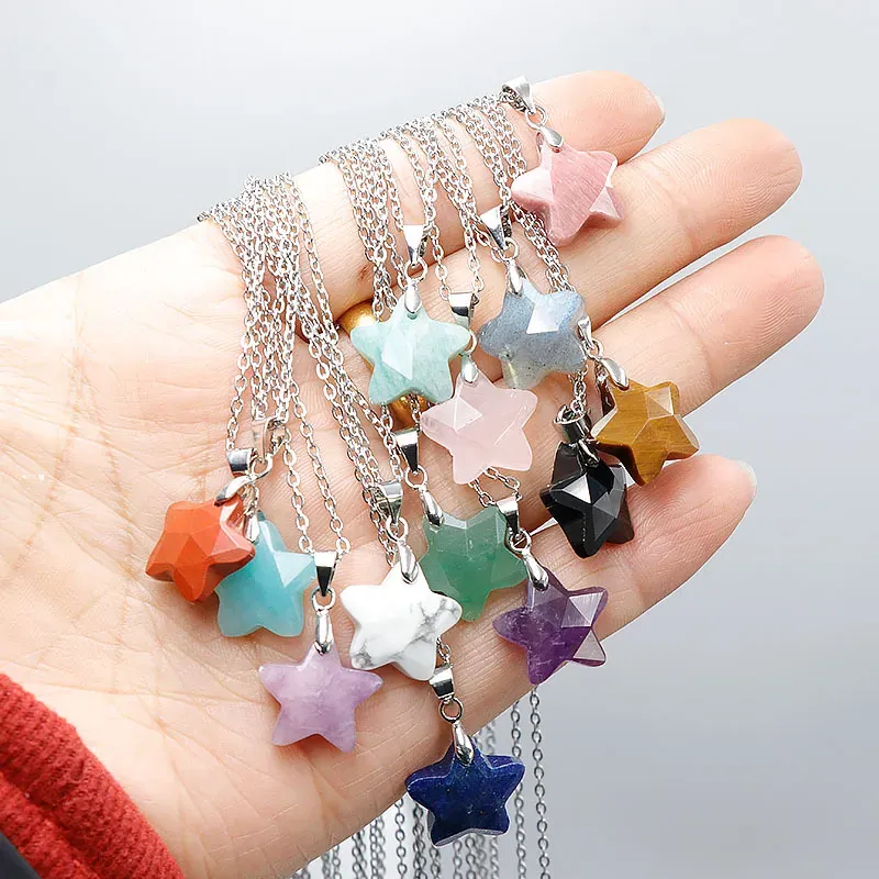 Elagant Natural Crystal Stone Star Pendant Opal Tiger Eye Obsidian Rose Quartz Charms Necklace Jewelry Making