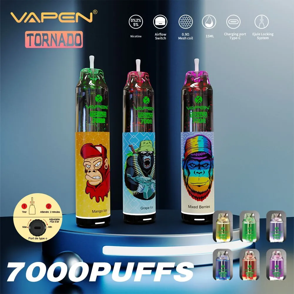 Original Vapen Tornado 7000 Puff Disposable Vape Pen Electronic Cigaretter 15 ml Förfylld POD Pure Taste 6 Glödande färger Uppladdningsbart luftflöde Puff 7000 Randm Vape