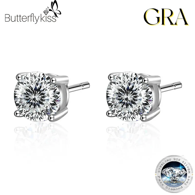 Butterflykiss Real Portuguese Cutting Stud Earrings For Men Women Solid 925 Sterling Silver Solitaire Diamond Jewelry 240109