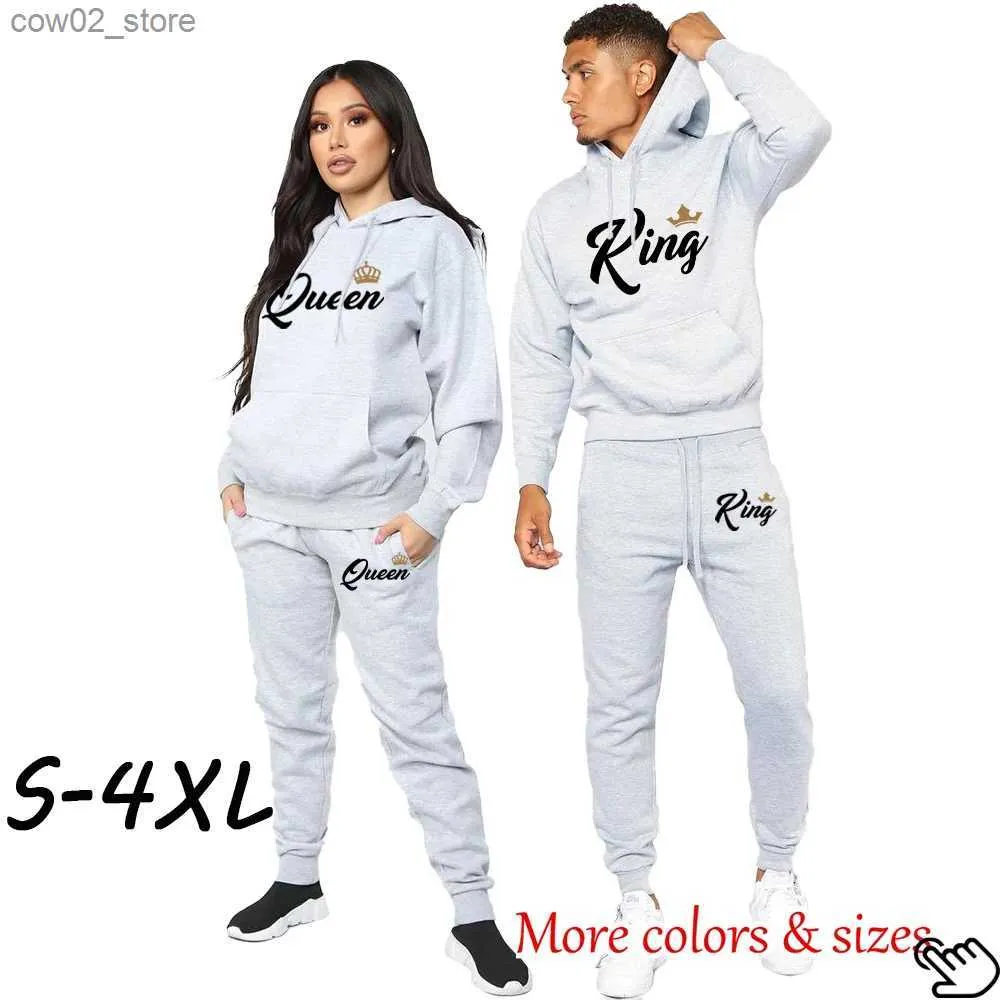 Men's Tracksuits Couple Sportwear 2022 Fashion Set KING QUEEN Printed Lover Hooded Suits Hoodie and Pants 2pcs Set Streetwear Men Women Clothing Q230110