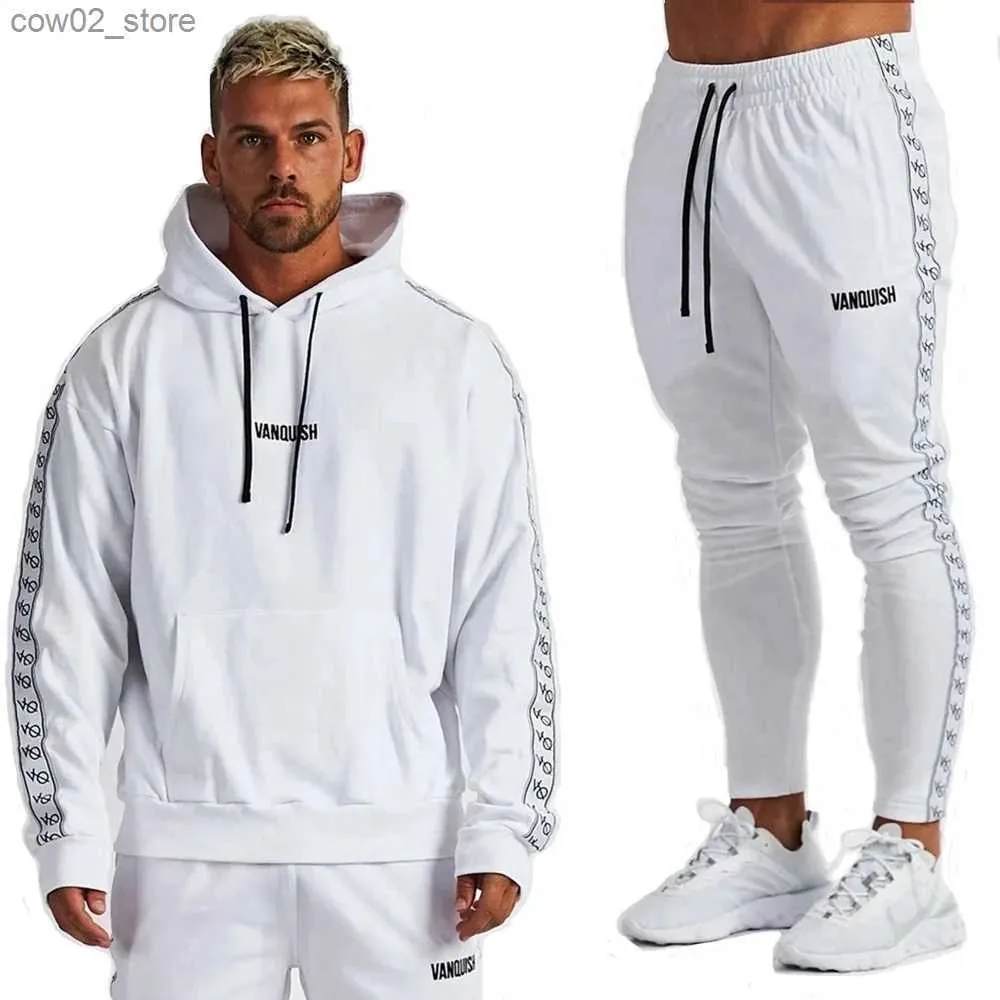 Homens Tracksuits Mens Algodão Treinamento Ternos Ginásio Fitness Loose Kits Sportswear Hoodie Branco Pulôver Com Capuz Jogging Sets Masculino Running Tracksuits Q230110