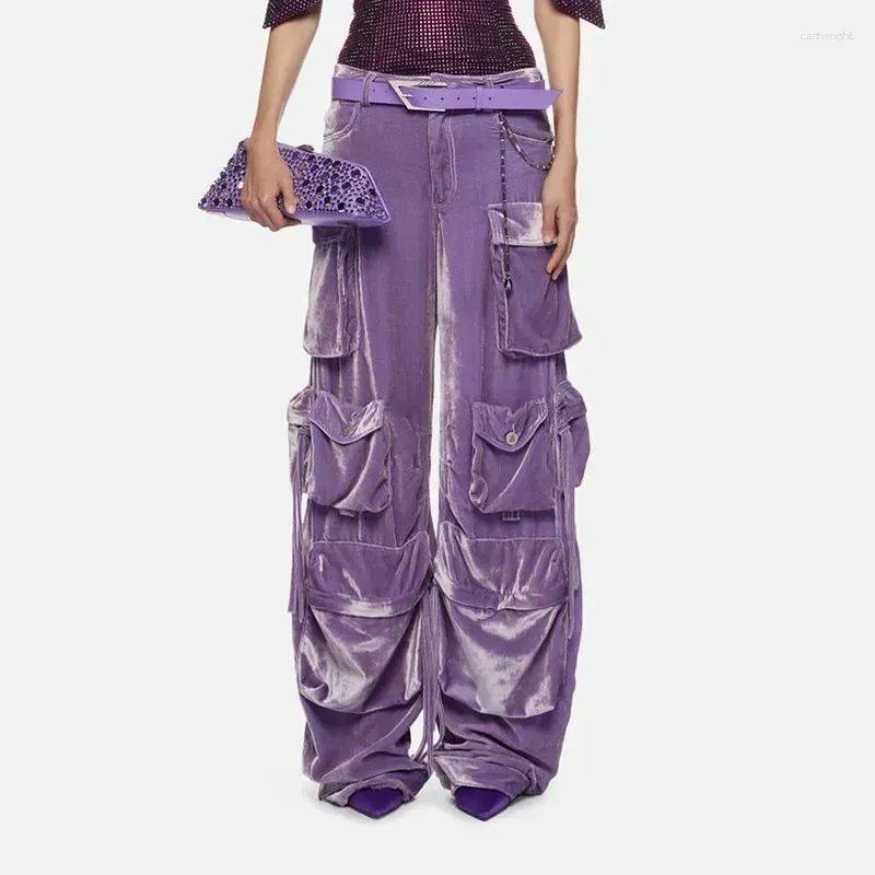 Pantaloni da donna Tasche eleganti decorate con tuta a gamba dritta in velluto a vita alta Pantaloni Y2k Pantaloni da jogging coreani da donna