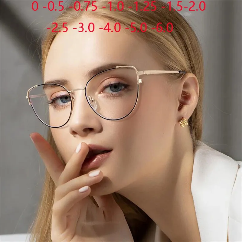 Anti-blauwe stralen Lentebeen Cat Eye Minus-lens Brillen op sterkte Montuur Dames Metaal Kortzichtige brillen 0 -0,5 -0,75 tot -6,0 240110