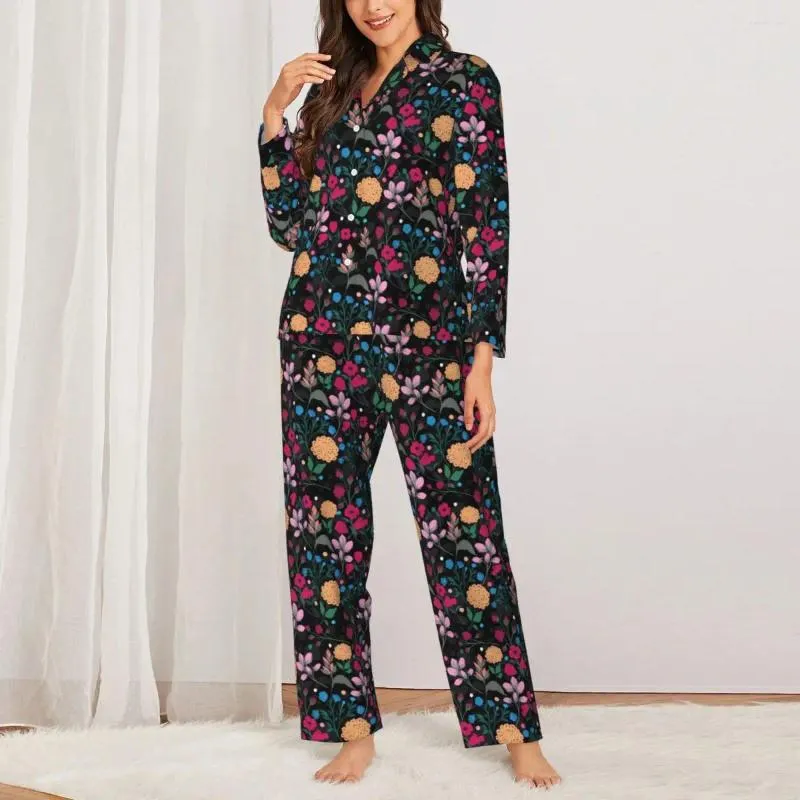 Kvinnors sömnkläder Ditsy Floral Pyjama Set Pink Yellow Kawaii Womens Long Sleeve Loose Room Two Piece Home Suit Big Size