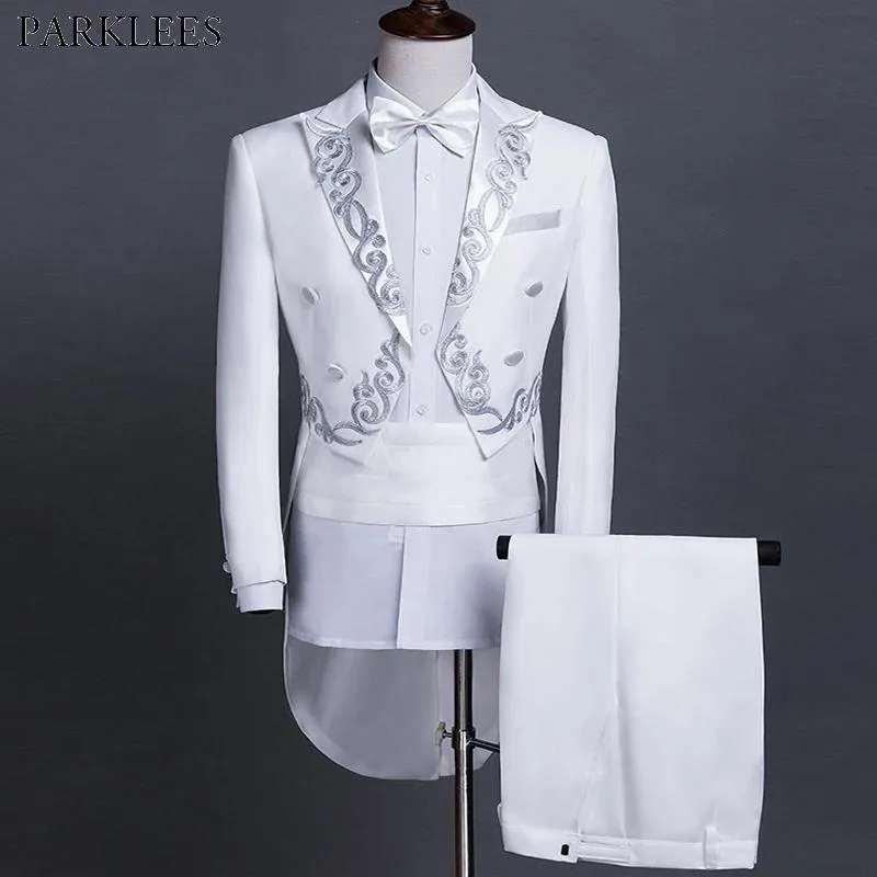 Kurtki białe tylne płaszcz mężczyzn haftowane garnitury ogonowe 2 -częściowe męskie garnitury (kurtka+spodnie)