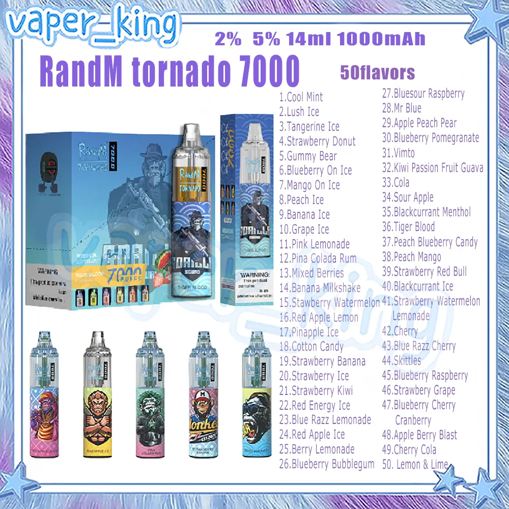 RandM Tornado 7000 Puff sigaretta elettronica usa e getta Mesh Coil 14ml Pod 1000mAh Batteria Cigs elettronici Puffs 7K 2% 5% 50 Sapori Vape Pen Consegna veloce