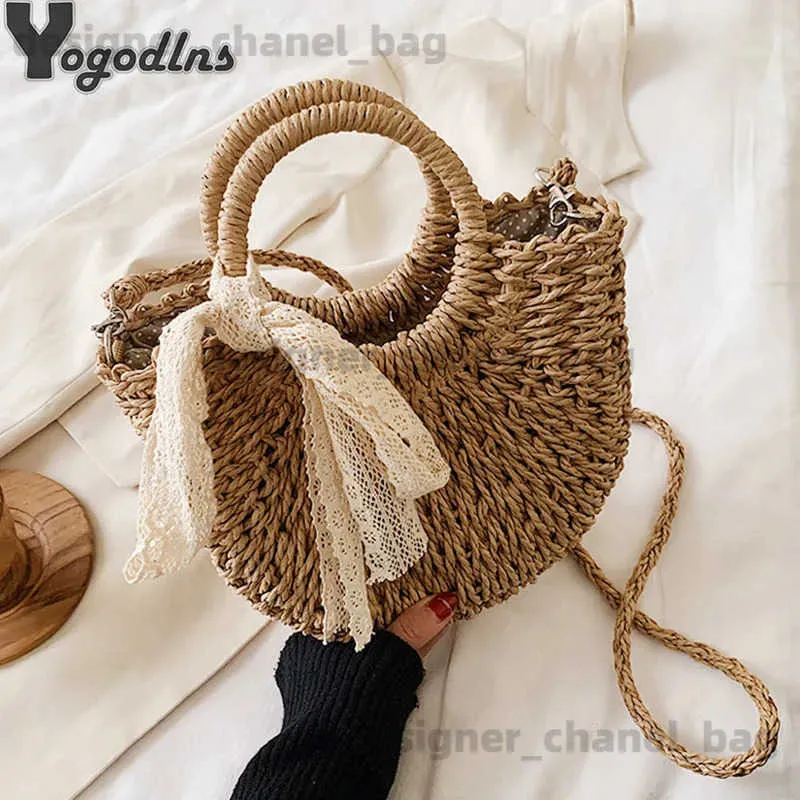 Shoulder Bags Str Bag Women Hand-Woven Handbag Moon Shape Lace Bow Rattan Bag Big Capacity Drstring Casual Beach Shoulder Crossbody Bag T240110