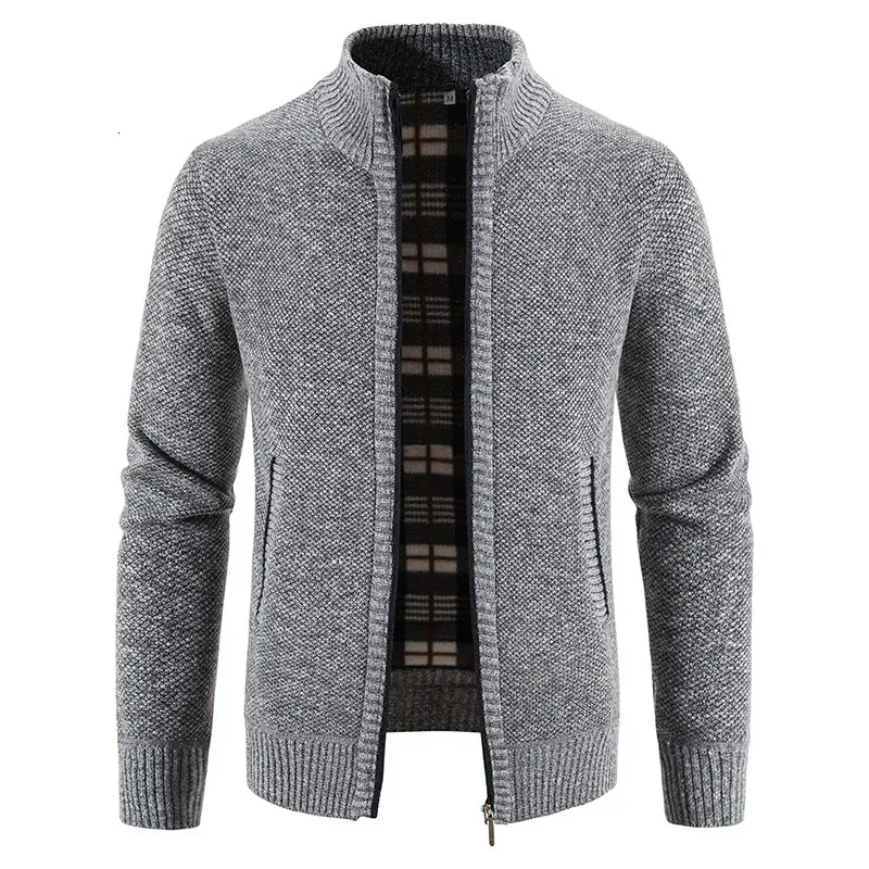 Men's Cardigan Solid Color Fleece Cardigan Zipper Knitted Jacket Sweater Winter Fleece Warm Skirt 240110