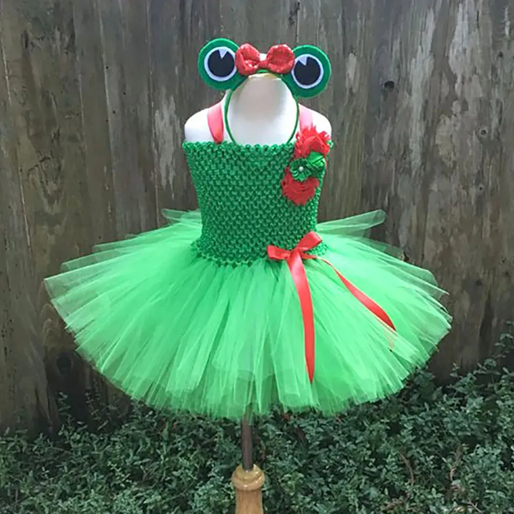 Filles Grenouille Verte Animal Tutu Robe Enfants Crochet Tulle Robe avec Fleur Hairbow Enfants Fête D'anniversaire Costume Cosplay Robes 240109