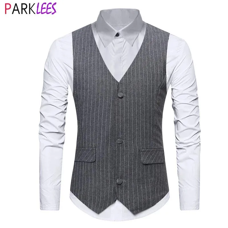 Coletes masculinos cinza pino listra vestido colete 2021 marca magro ajuste com decote em v sem mangas terno colete masculino britânico formal negócios chalecos para hombre