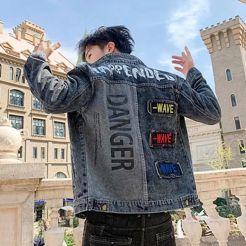 Embroidered Denim Jacket Men Casual Teenagers Slim Baseball