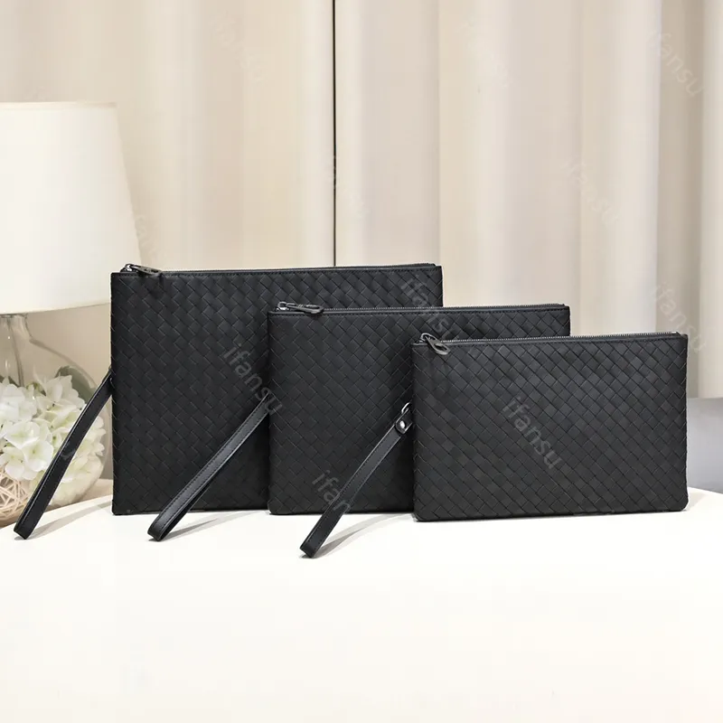 Lyxvarumärke äkta läderkopplingsväska avancerad designer Business Bag Fashion Embroidery Hand Woven File Bag stor kapacitet Minimalistisk stil Travel Black 16099
