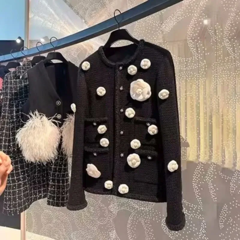 Alta qualidade de luxo designer roupas femininas vintage elegante oneck 3d flor tweed jaqueta preto tecido misturas lã casacos 240109