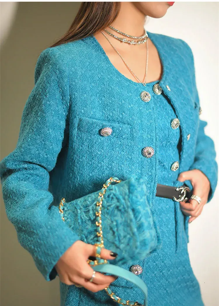 Elegante turquoise ketting tweed tweed blazer/tanktops/miniroksets Kantoorgebreid geweven cropped boxy jasje Pakvest 240109