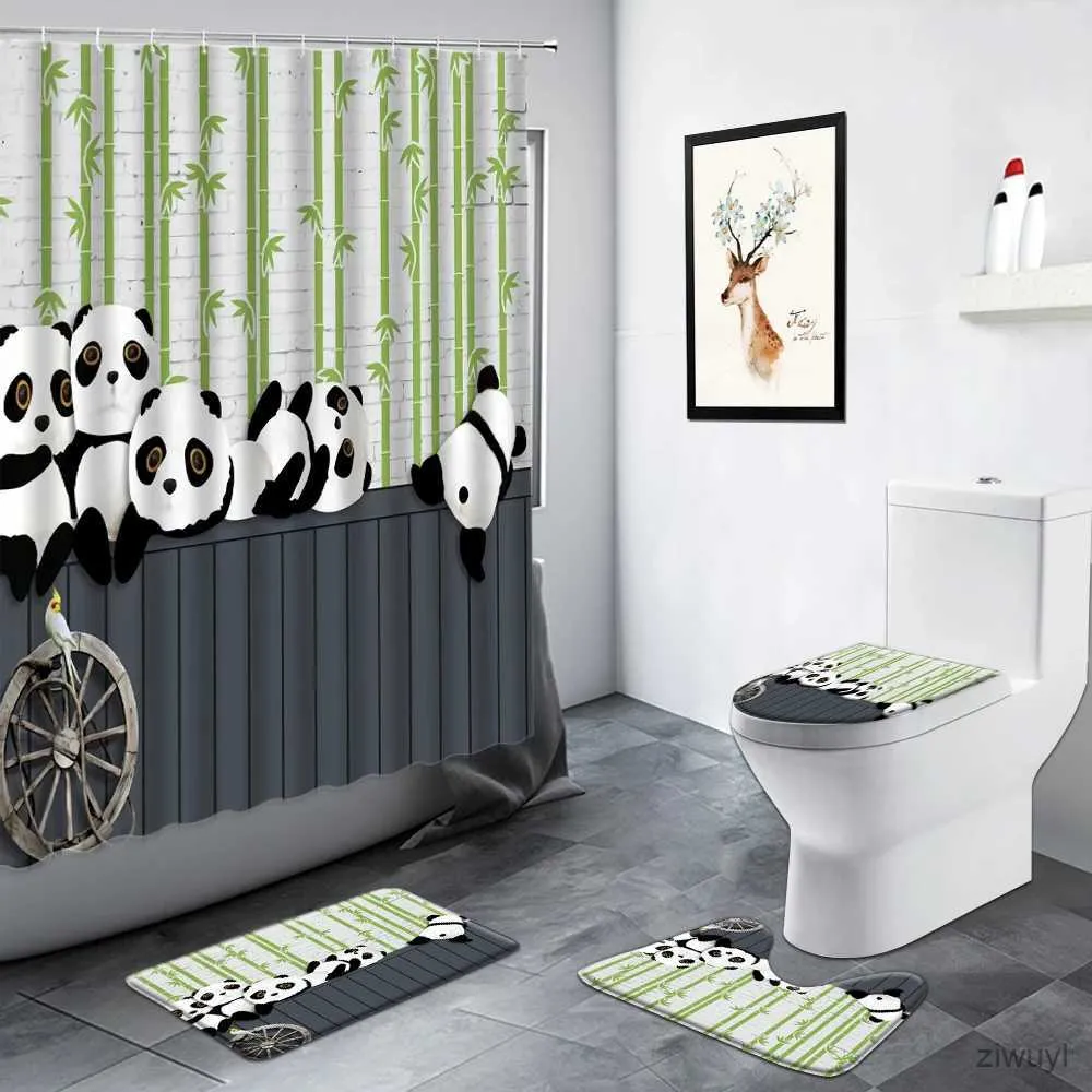 Douche gordijnen schattige panda douchegordijnen set grappig zwart wit dier groen bamboe Chinese stijl badkamer tapijt niet-slip tapijt toiletbadmatten