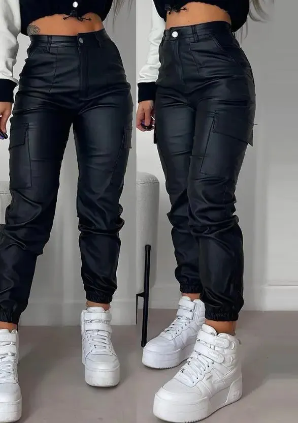 Lange Cargohose für Damen 2023, personalisierte Straßentrends, Taschendesign, gefesselte Pu-Lederhose, Herbst-Winter, hohe Taille, 240109