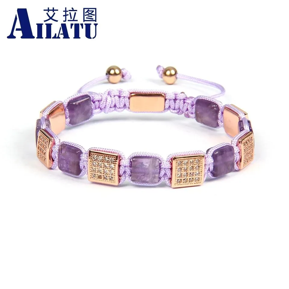 Armbanden Ailatu Aanpassen Vrouwen Sieraden Natuurlijke Paarse Vierkante Armbanden Micro Pave CZ Kralen Vlechten armband Horloge Wild Sieraden