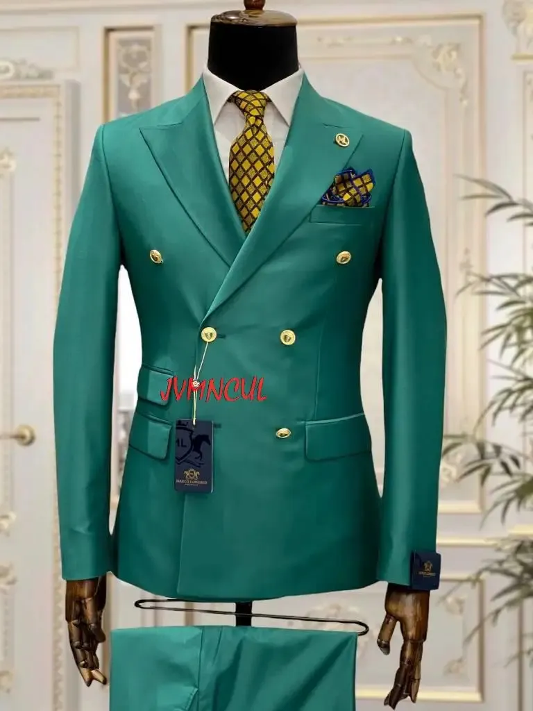 Green Tailor Made Double Breasted Slim Fit Men Suits Wedding Tuxedos Groom Business Party Prom Blazer Costume Homme 240110