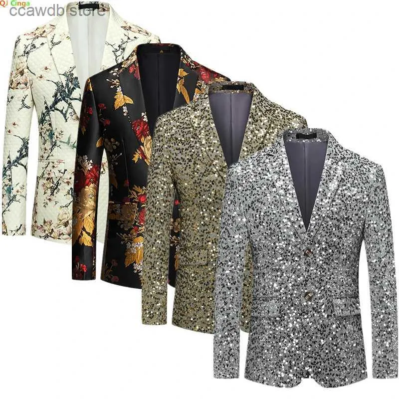 Men's Suits Blazers Silver Sequin Suit Jacket Men's Fashion Slim Dress Coat Wedding Party Print Jaqueta Gold Green Blue Terno Masculino M-5XL 6XL T240110