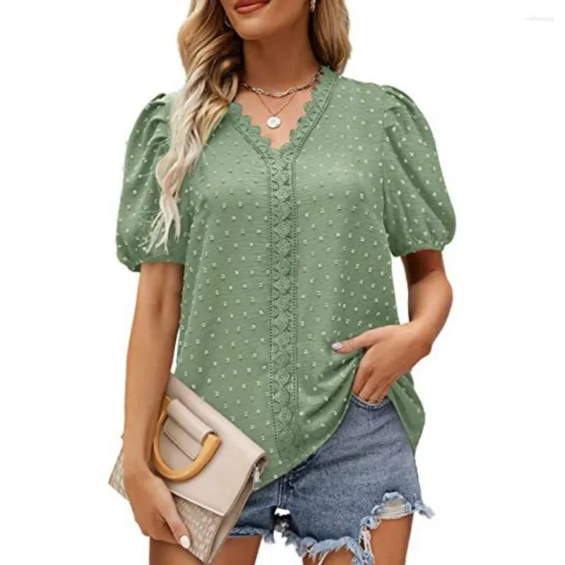Kvinnors blusar Elegant V-ringning Jacquard Chiffon Shirt Summer Produkt spetsbubbla kortärmad blus streetwear s-xxl blusas femeninas