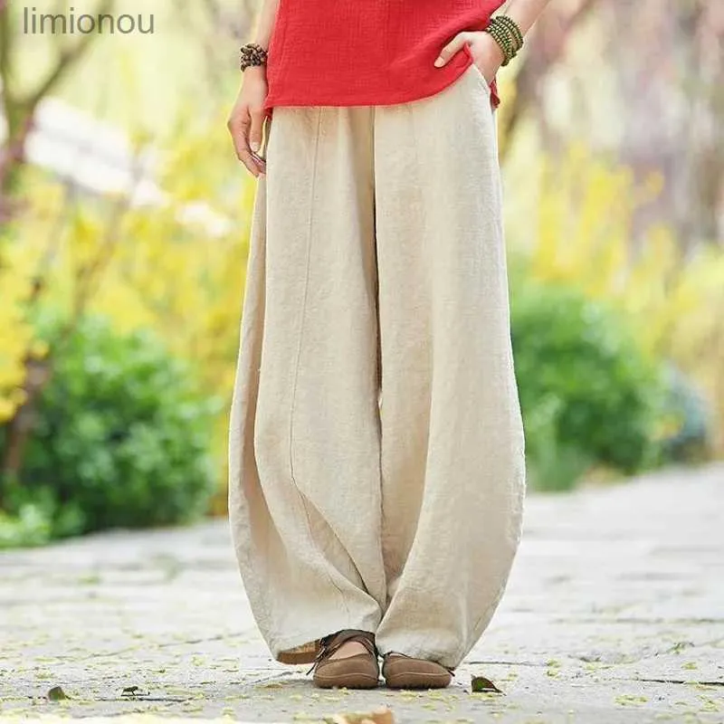 Pantalons femme Capris 2023 Vintage Yoga vêtements coton lin femmes taille haute pantalon Baggy ample grande taille surdimensionnée pantalon Cargo femme Large LegL240110