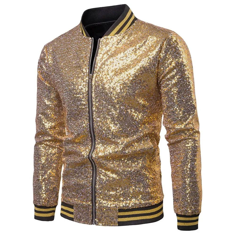 Jackor paljetter guld blazer män 2020 smal fit mens blommor tryck randiga ärmrockar cyklist moto brittisk stil prom party bröllop jackor