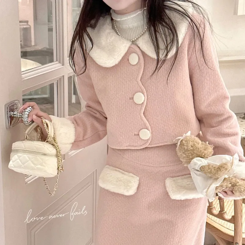 Herfst Winter Leuke Zoete Roze Tweedelige Set Vrouwen Outfit Koreaanse Mode Tweed Single Breasted Tops en A-lijn Lange Rokken Pakken 240109