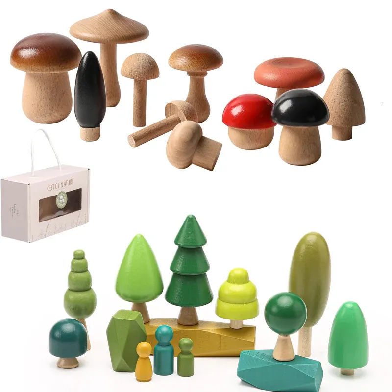 1set Wooden Tree Mushroom Building Blocks Toys For Kids Handmade Green Forest Colorful Child Games Montessori Educational G 240110