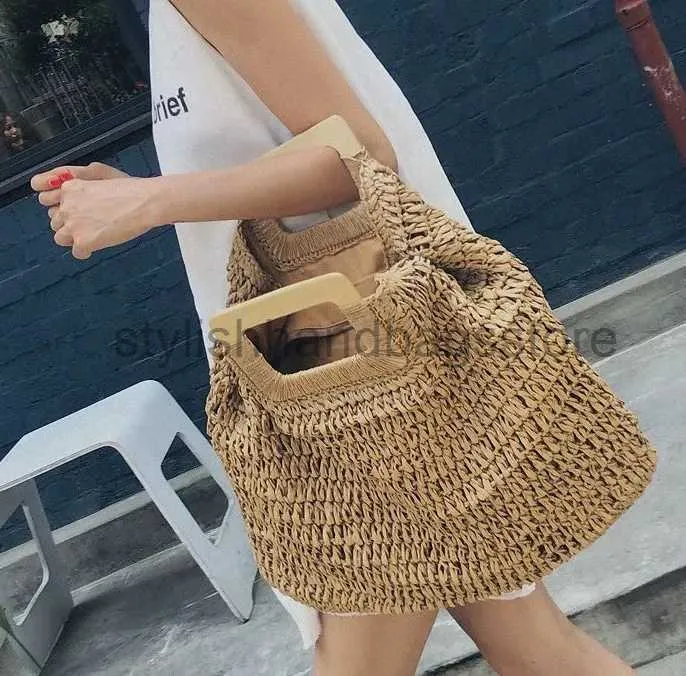 Totes casual rattan large capacity tote for women wicker woven wooden handbags summer beach str bag lady big purses travel sac 2021stylishhandbagsstore