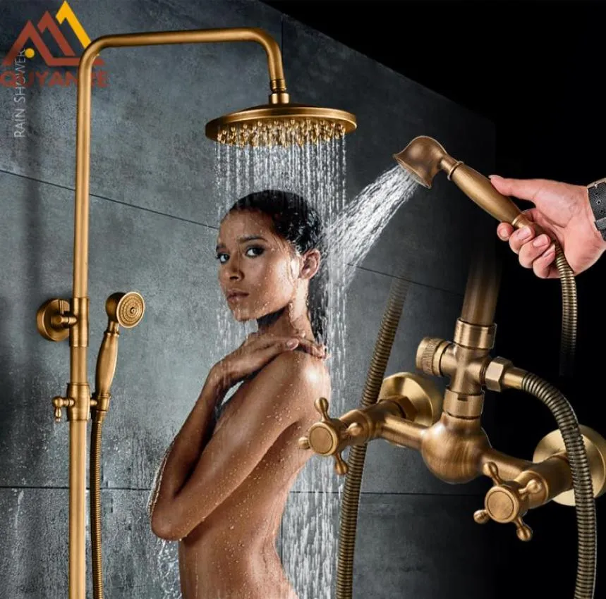 Quyanre Antique Brass Shower Faucets Set Wall Mountアンティークブラスシャワーキットデュアルノブミキサータップハンドヘルドスプレーバスタブキット8588174