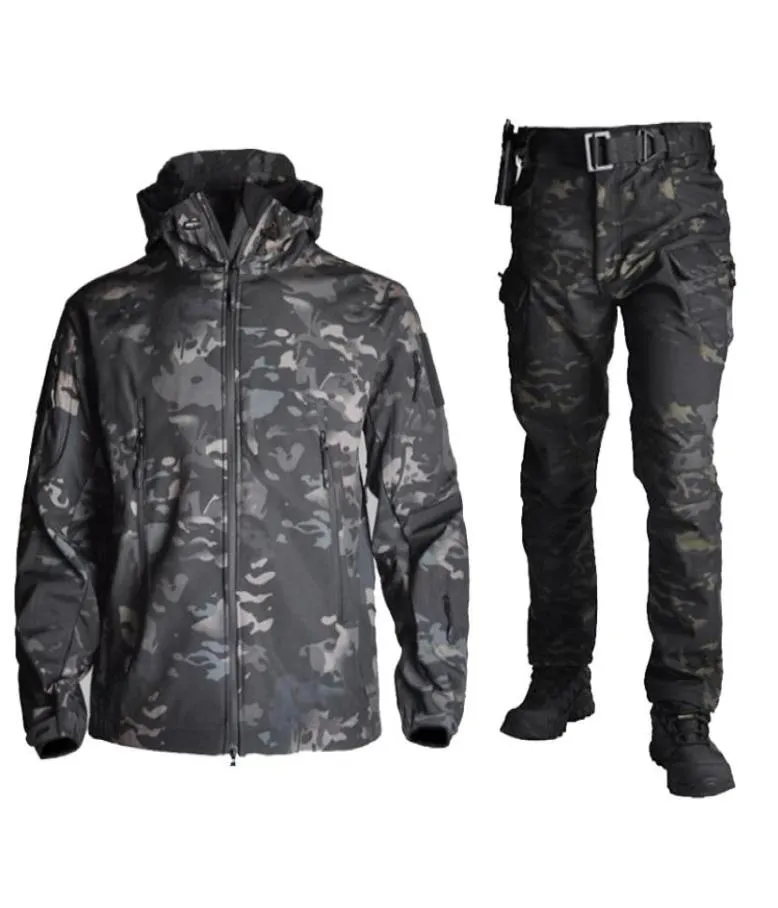 Pelle tattica Softshell TAD Abiti da uomo Abbigliamento da caccia mimetico Escursionismo Giacca con cappuccio impermeabile antivento + pantaloni9994632