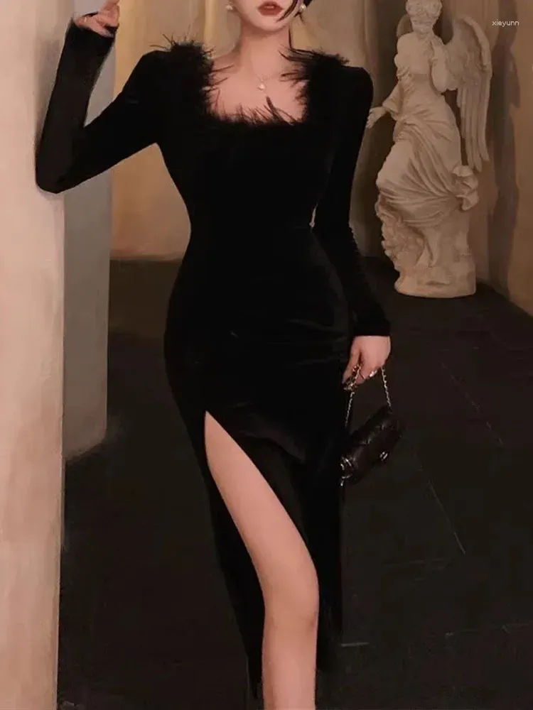 Robe de soirée pour femmes, manches longues, Style français, Sexy, boîte de nuit, Slim, Midi, col carré fendu, automne hiver 2024