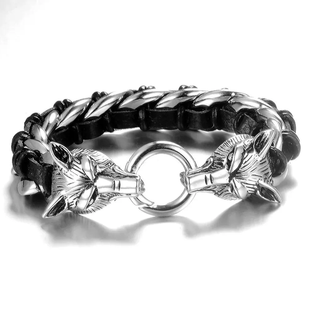 Charms Punk Rock Or Sier Couleur Homme Bijoux En Acier Inoxydable 316l avec Bracelet En Cuir Véritable Hommes Cool Double Tête De Loup Animal