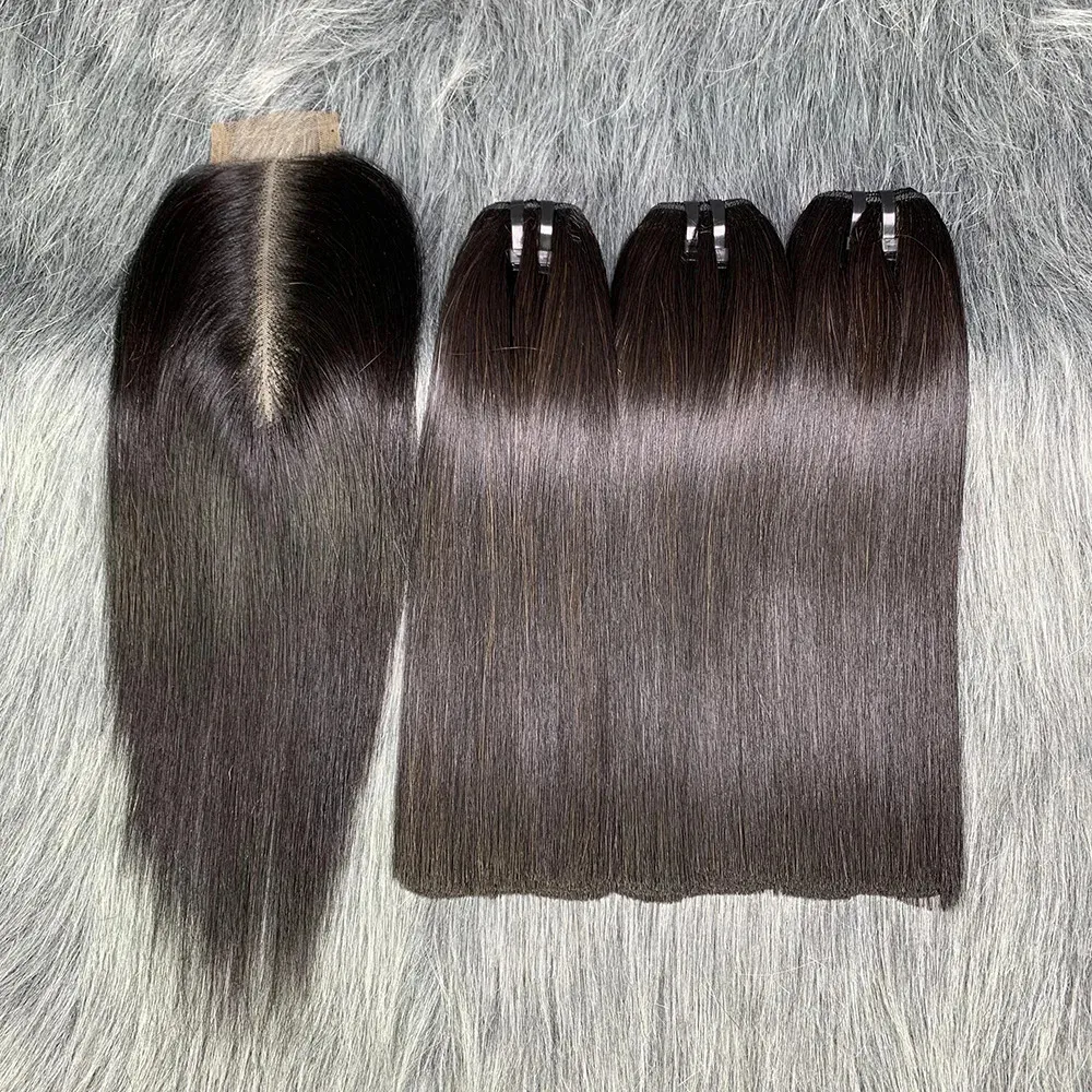 Bone Straight Raw Human Hair Bundles 100% 12A Straight Raw Human Hair Nature Black 3bundles avec fermeture 2x6 Lace Kim K Closure 240111