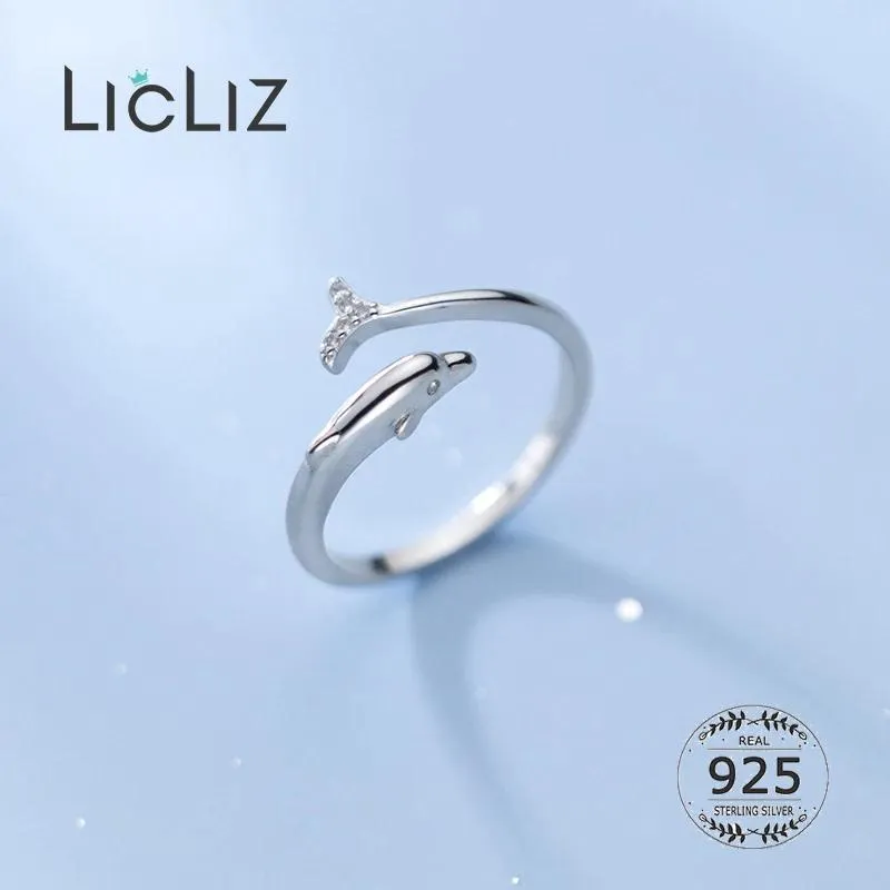 Rings Licliz S925 STERLING SILVER DOLPHIN CZ調整可能なオープニングリングfor Women Jewelry Accessorie Anillos 925 Plata Para Mujer LR0849