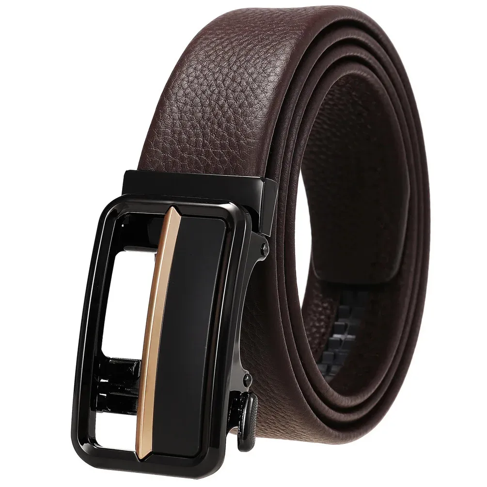 Ceinture en cuir pour hommes, haut formel en cuir de vache, à cliquet, haute qualité, boucle automatique en métal, 240110