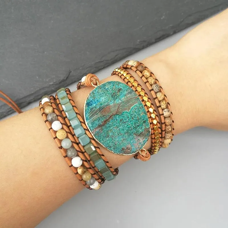 Armband Edothalia Trendy 5 Wraps Armband Ocean Stone Handwoven Bohemian Amazonite Stone Bead Leather Armband Boho Chic smycken