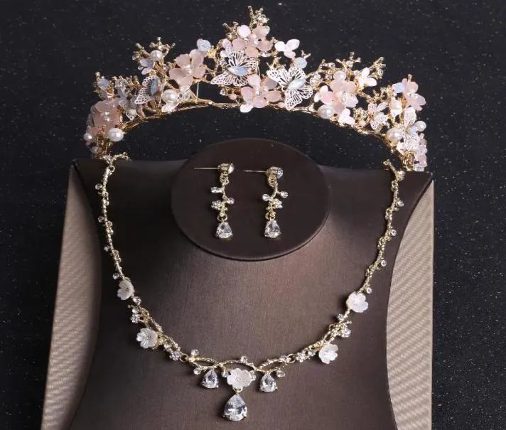 Ohrringe Halskette Barock Gold Rosa Schmetterling Kristall Modeschmuck Sets Strass Tiara Braut Frauen Hochzeit Set6407903