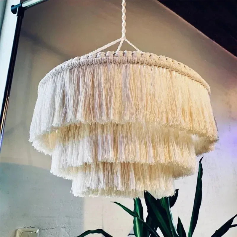 Wystrój domu w salonie Bohemian Macrame Tassel Lampa cień Nordic Tkane wisząca topszoder